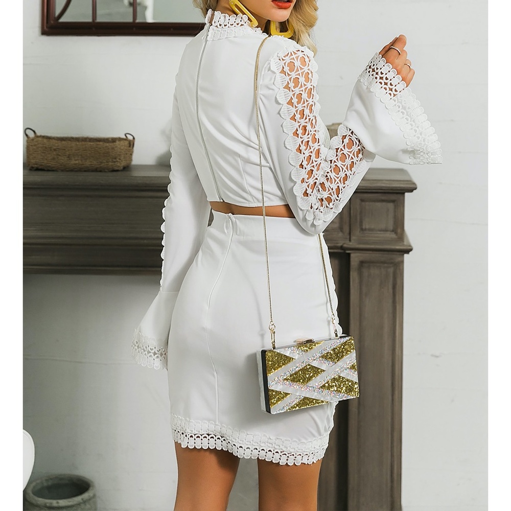 White Guipure Lace Two Piece Top Skirt Coord Set - Picture 2 of 15